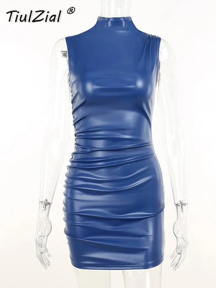 Sleeveless Ruched PU Leather Short Bodycon Dress