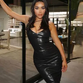 Spaghetti Strap Knee-Length PU Leather Dress, Elegant Sexy Night Club Dress