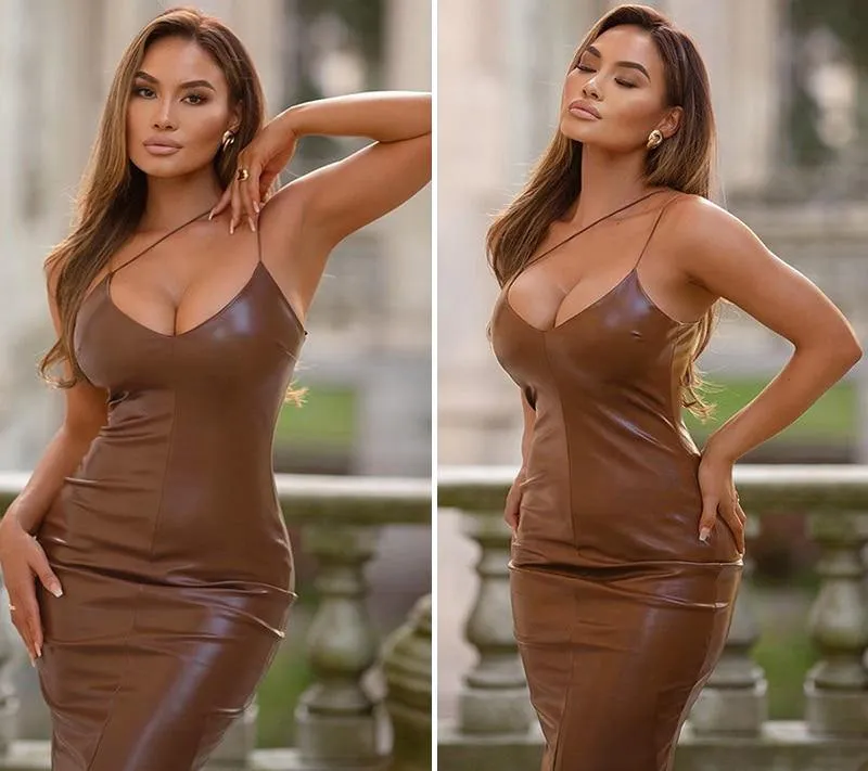 Spaghetti Strap Knee-Length PU Leather Dress, Elegant Sexy Night Club Dress