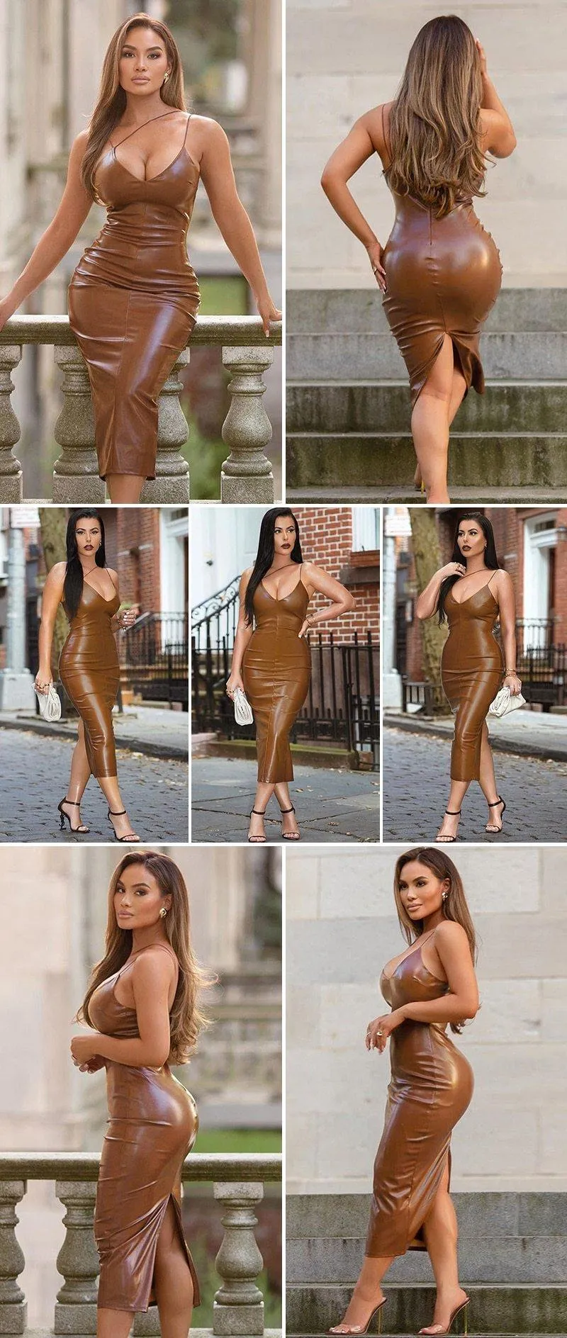 Spaghetti Strap Knee-Length PU Leather Dress, Elegant Sexy Night Club Dress