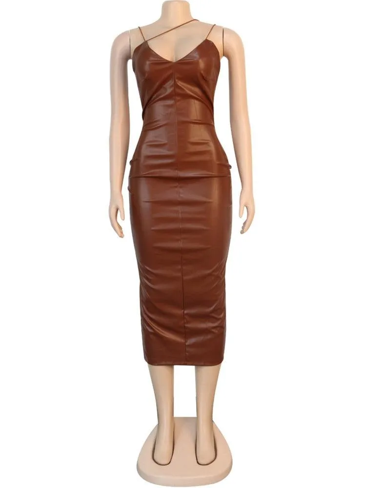 Spaghetti Strap Knee-Length PU Leather Dress, Elegant Sexy Night Club Dress