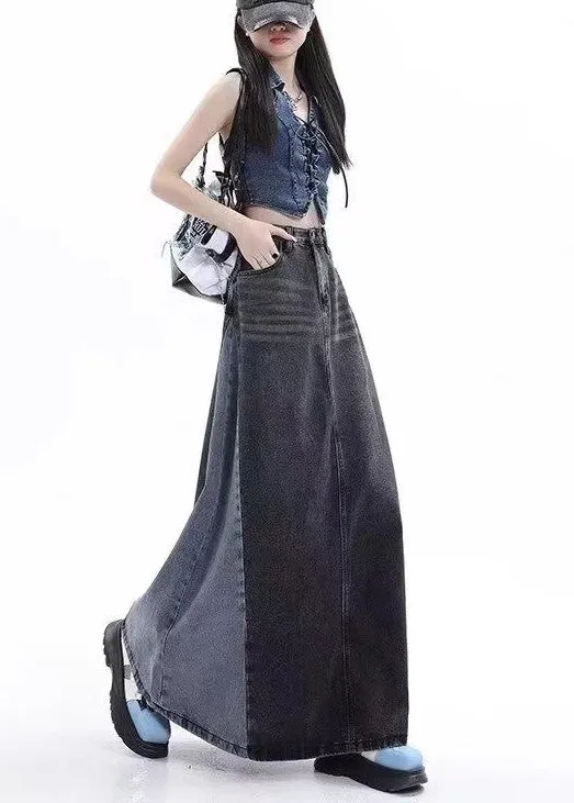 Stylish Blue Patchwork High Waist Denim Maxi Skirts Summer