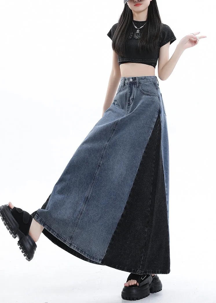 Stylish Blue Patchwork High Waist Denim Maxi Skirts Summer