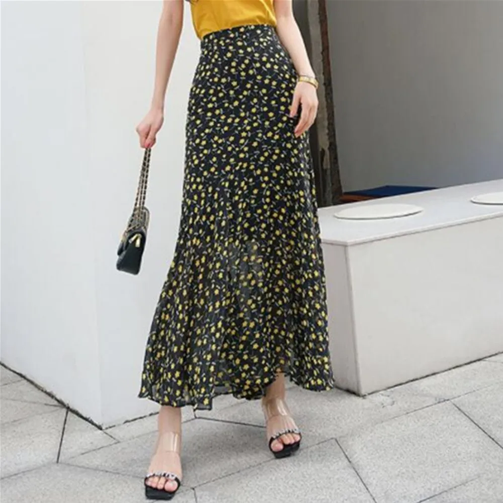 Summer Green Floral Chiffon Vintage Style Floor-Length Long Ruffle Mermaid Women Sexy Fishtail Maxi Skirts