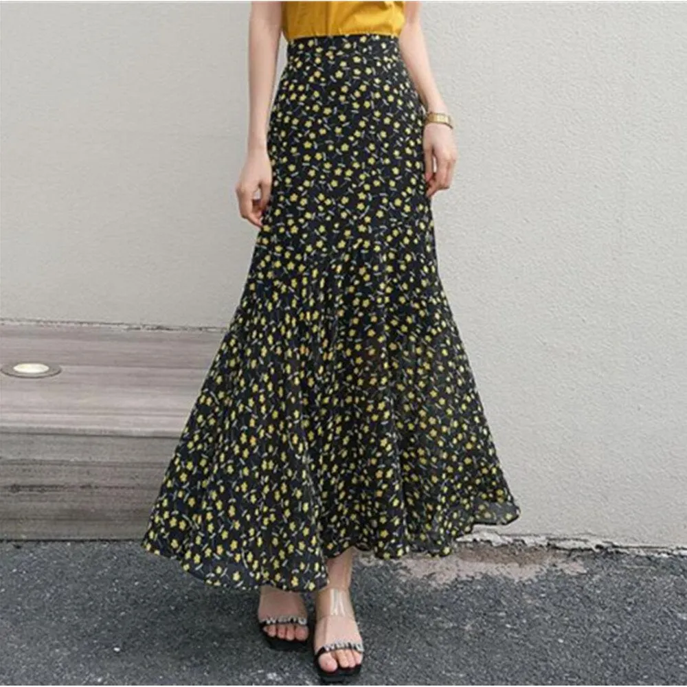 Summer Green Floral Chiffon Vintage Style Floor-Length Long Ruffle Mermaid Women Sexy Fishtail Maxi Skirts