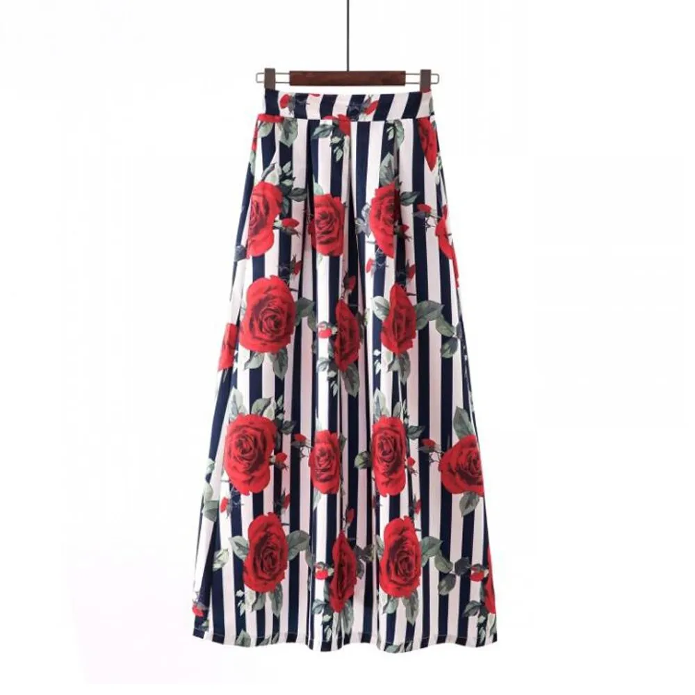 Summer High Waist Long Printed A-Line Floral Casual Beach Faldas Boho High Waist Holiday Maxi Skirts