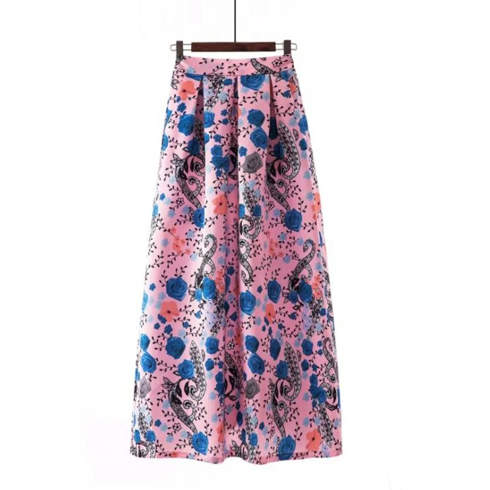 Summer High Waist Long Printed A-Line Floral Casual Beach Faldas Boho High Waist Holiday Maxi Skirts