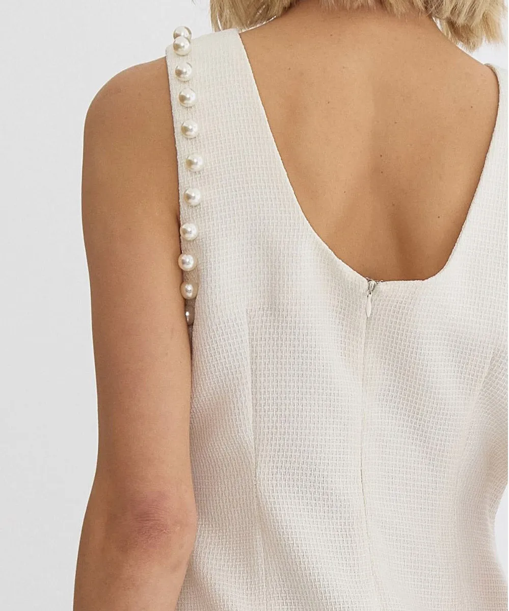 Textured Sleeveless Dress with Pearl Detail - Cream