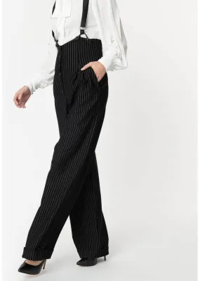 Unique Vintage Thelma Pinstripe 40's Pants with Braces Black White