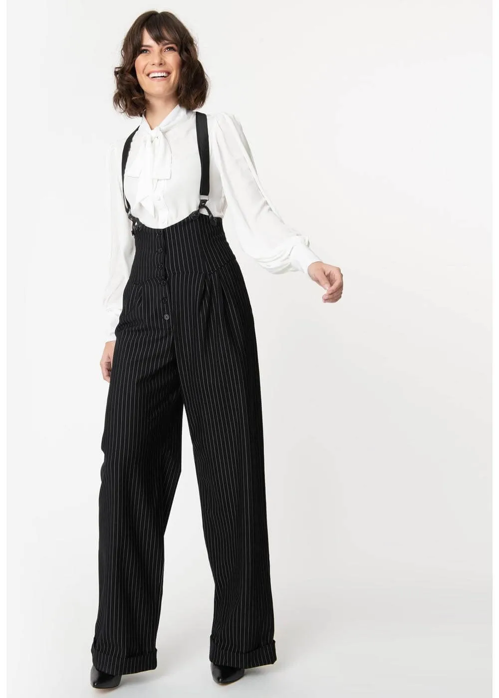 Unique Vintage Thelma Pinstripe 40's Pants with Braces Black White