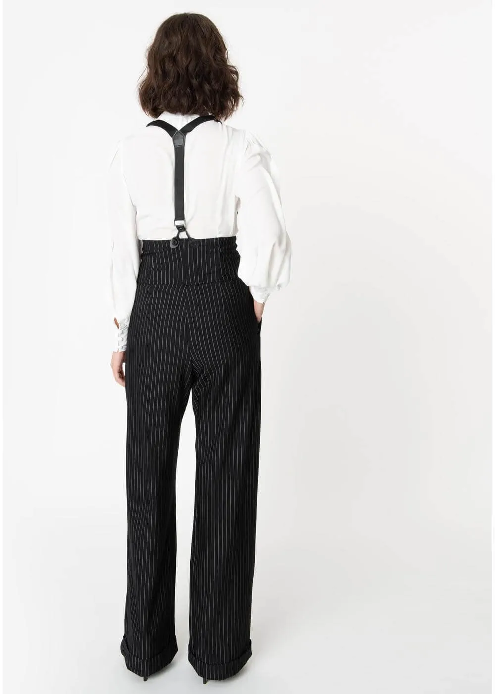 Unique Vintage Thelma Pinstripe 40's Pants with Braces Black White