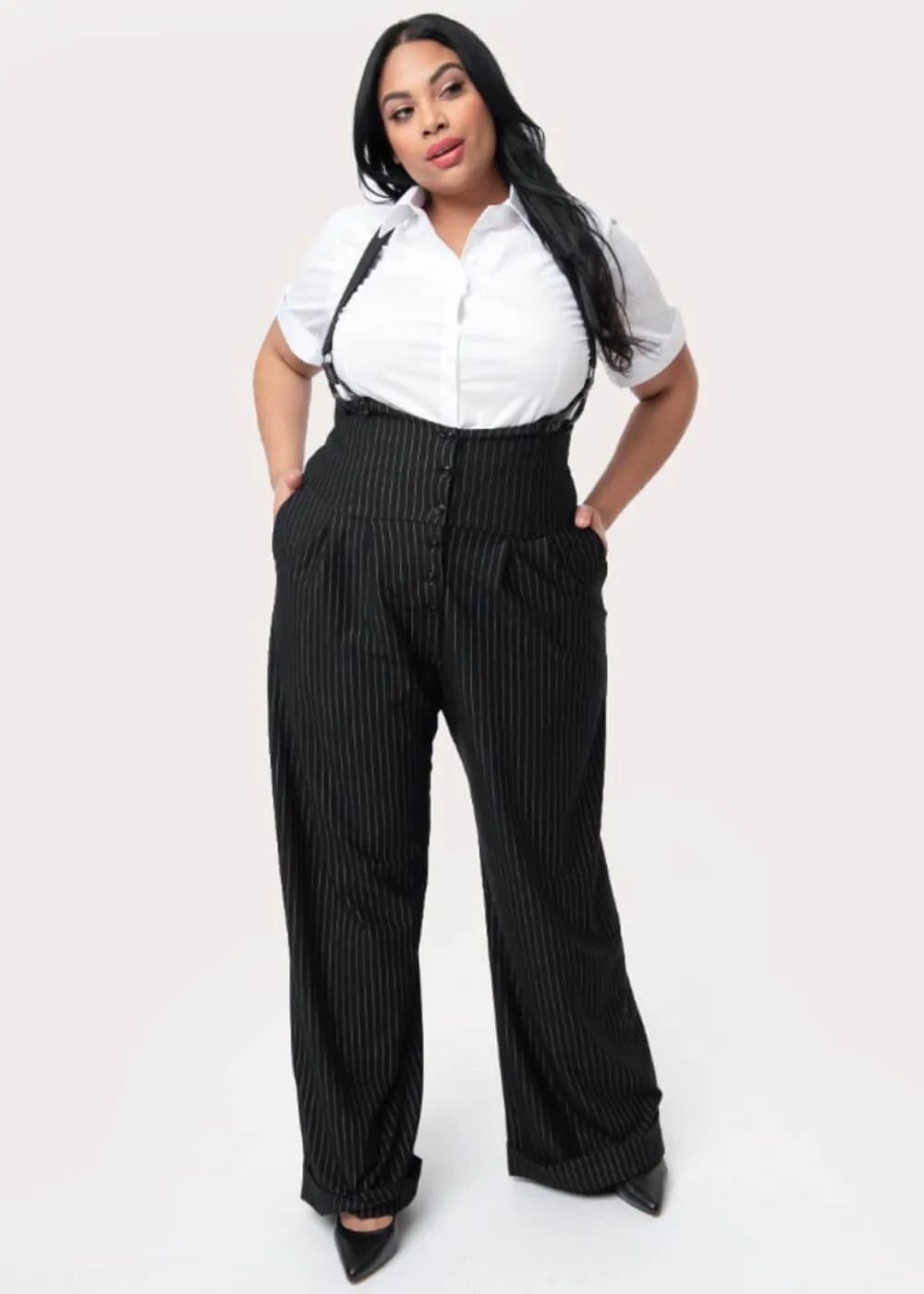 Unique Vintage Thelma Pinstripe 40's Pants with Braces Black White