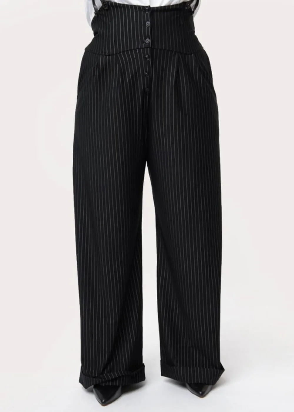 Unique Vintage Thelma Pinstripe 40's Pants with Braces Black White