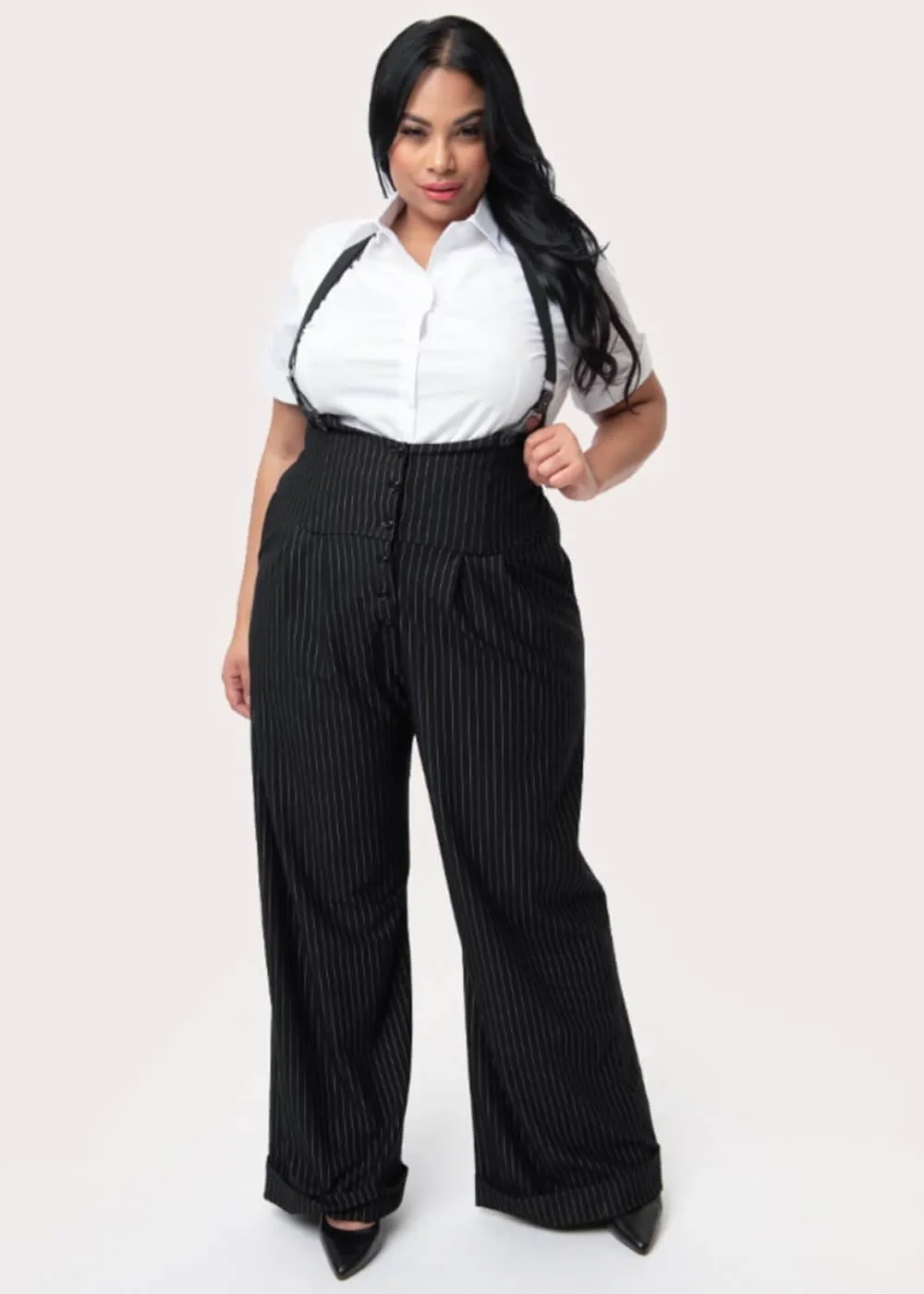 Unique Vintage Thelma Pinstripe 40's Pants with Braces Black White