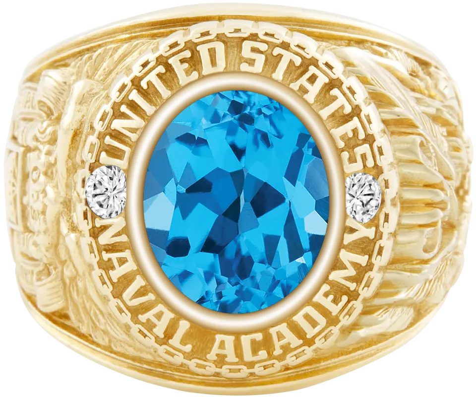 USNA Class Ring Mod with Swiss Blue Topaz Centerpiece and Diamond Dividers