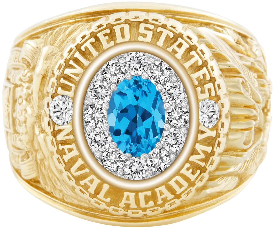 USNA Class Ring Mod with Swiss Blue Topaz Centerpiece and Diamond Dividers