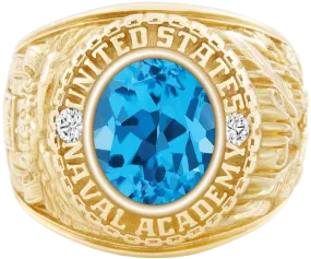 USNA Class Ring Mod with Swiss Blue Topaz Centerpiece and Diamond Dividers