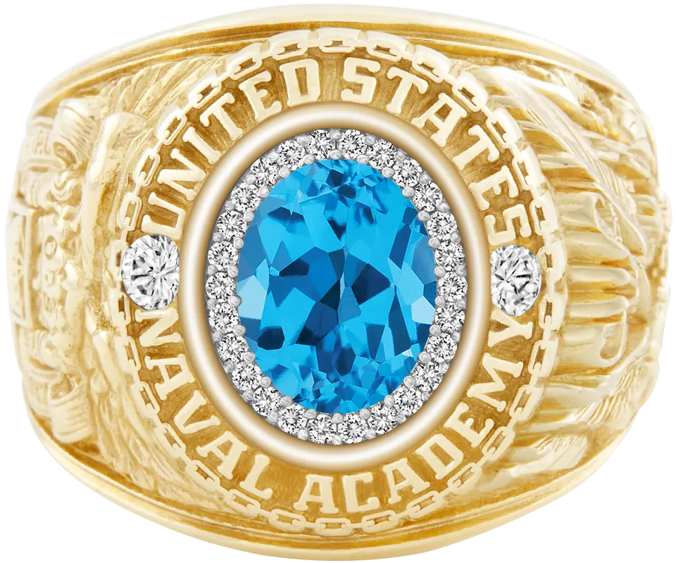 USNA Class Ring Mod with Swiss Blue Topaz Centerpiece and Diamond Dividers