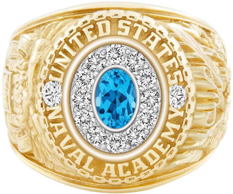 USNA Class Ring Mod with Swiss Blue Topaz Centerpiece and Diamond Dividers