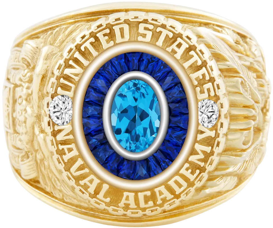 USNA Class Ring Mod with Swiss Blue Topaz Centerpiece and Diamond Dividers