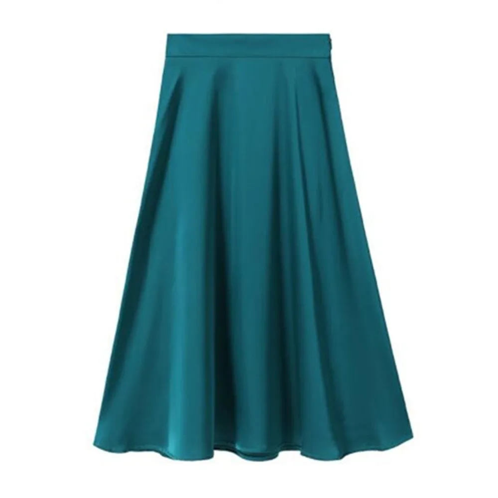 Vintage High Waist Solid Satin Women A-Line Summer Party Casual Slim Falda Midi Skirts