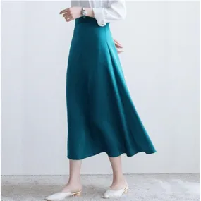 Vintage High Waist Solid Satin Women A-Line Summer Party Casual Slim Falda Midi Skirts