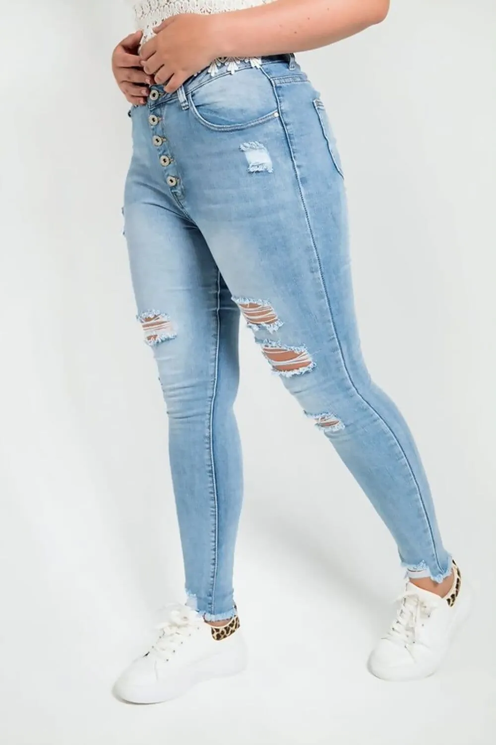 Walking Trophy Blue High Waist Button Front Ripped Skinny Jeans