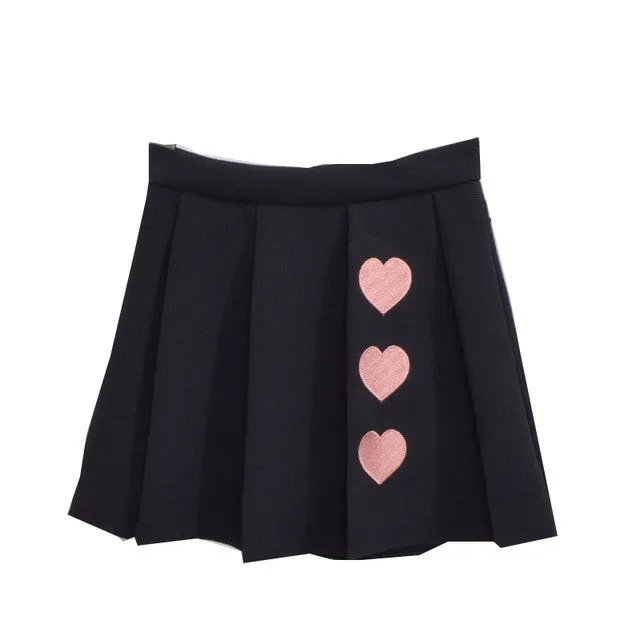 Woherb New  Fashion Preppy Style Pleated Skirt Short Mini Skirts Woman Sweet High Waist Pure Color Heart Embroidery Skirt GS