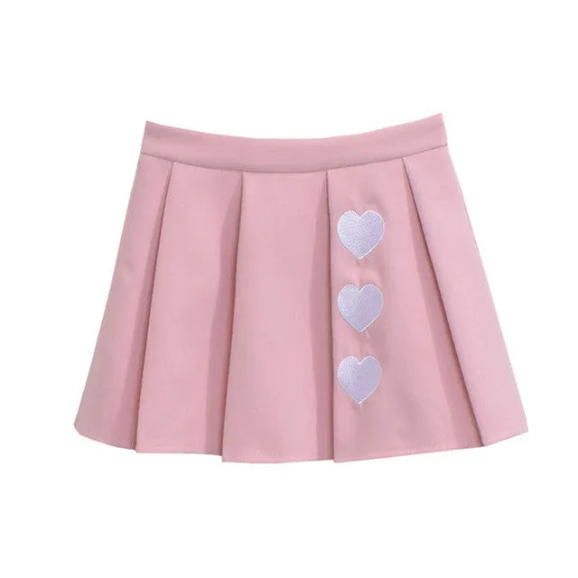 Woherb New  Fashion Preppy Style Pleated Skirt Short Mini Skirts Woman Sweet High Waist Pure Color Heart Embroidery Skirt GS