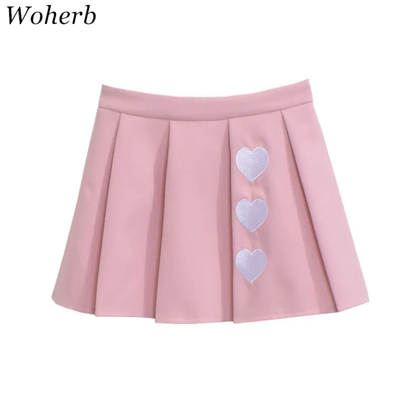 Woherb New  Fashion Preppy Style Pleated Skirt Short Mini Skirts Woman Sweet High Waist Pure Color Heart Embroidery Skirt GS