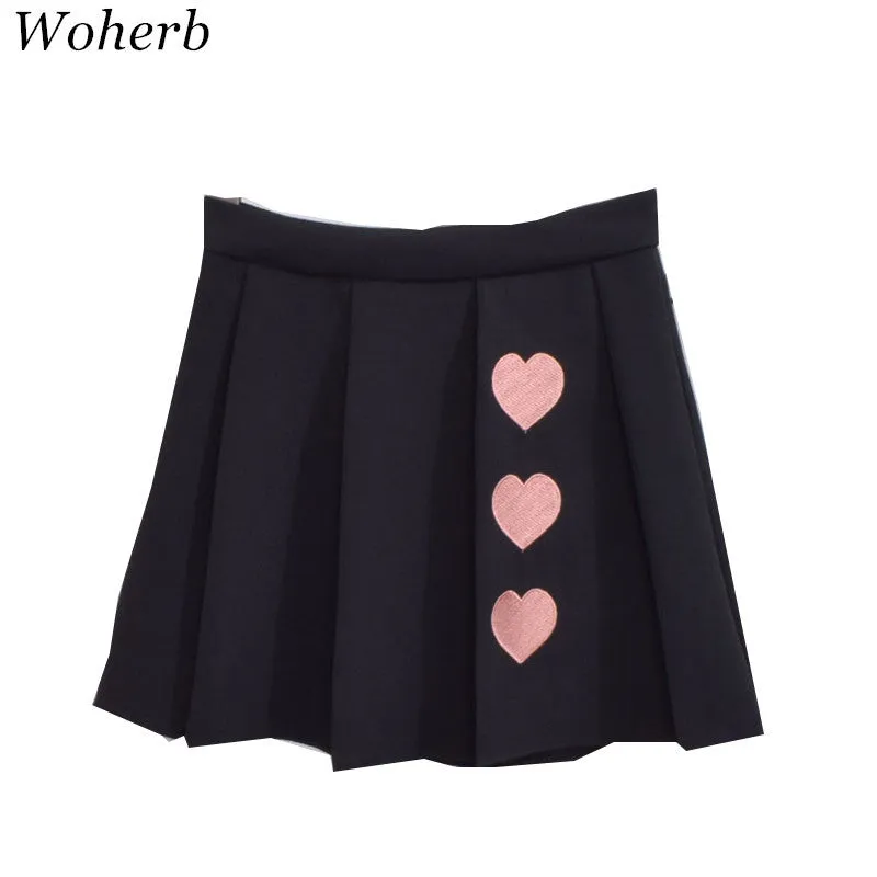 Woherb New  Fashion Preppy Style Pleated Skirt Short Mini Skirts Woman Sweet High Waist Pure Color Heart Embroidery Skirt GS