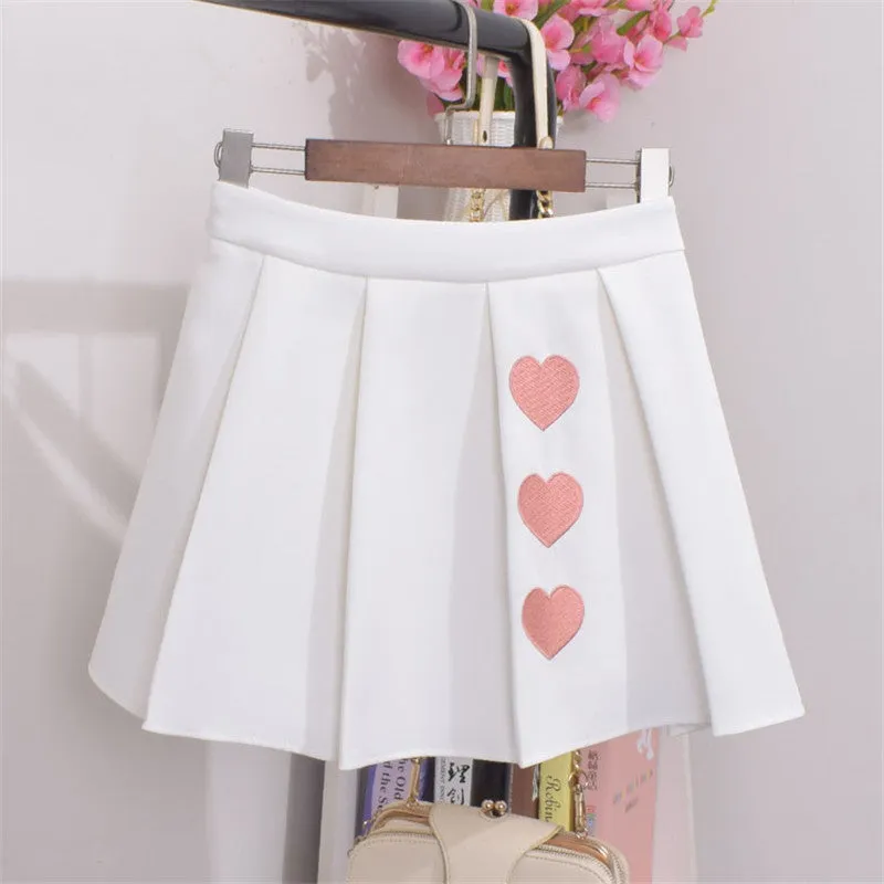 Woherb New  Fashion Preppy Style Pleated Skirt Short Mini Skirts Woman Sweet High Waist Pure Color Heart Embroidery Skirt GS