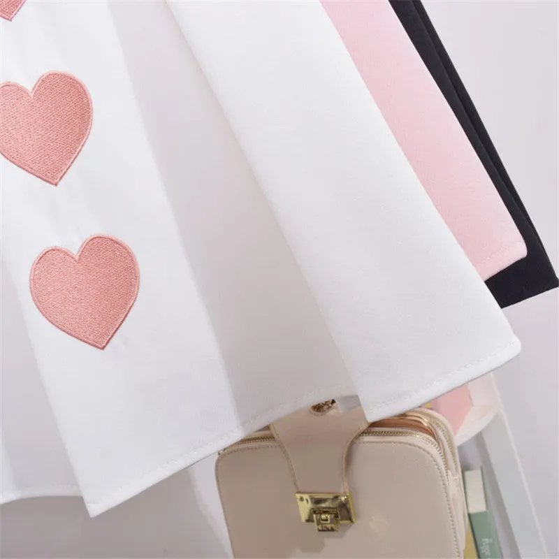 Woherb New  Fashion Preppy Style Pleated Skirt Short Mini Skirts Woman Sweet High Waist Pure Color Heart Embroidery Skirt GS