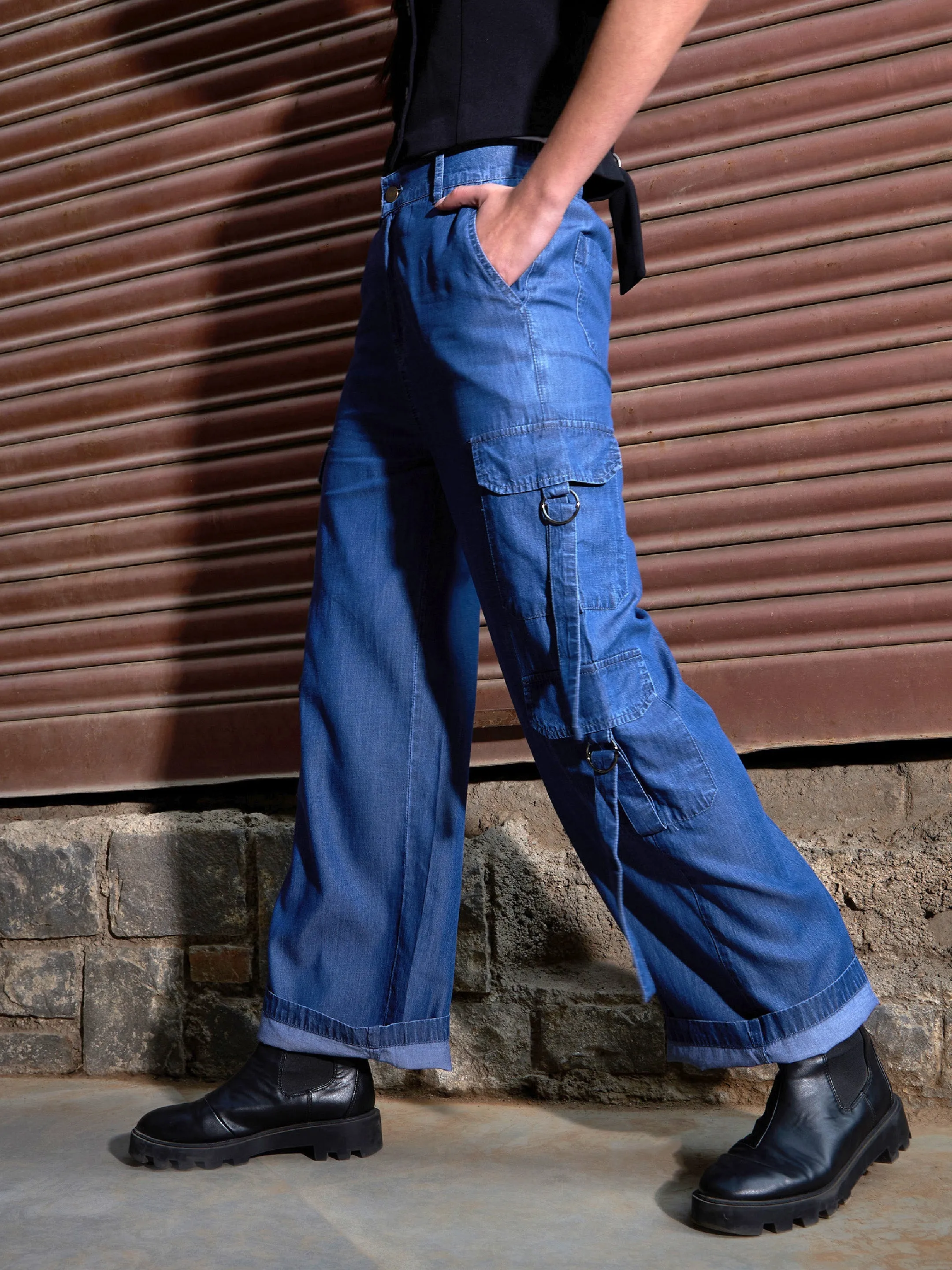 Women Blue Tencel Cargo Pants