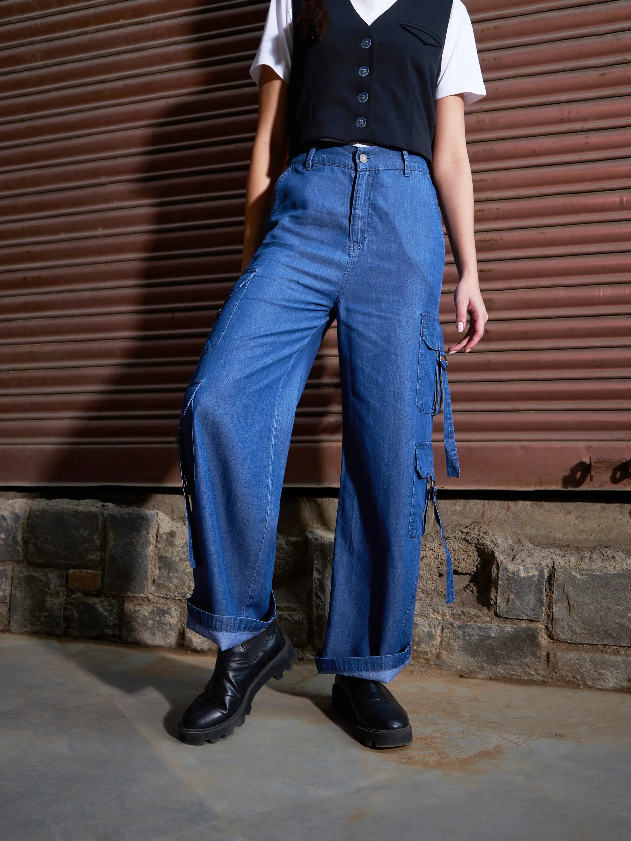 Women Blue Tencel Cargo Pants