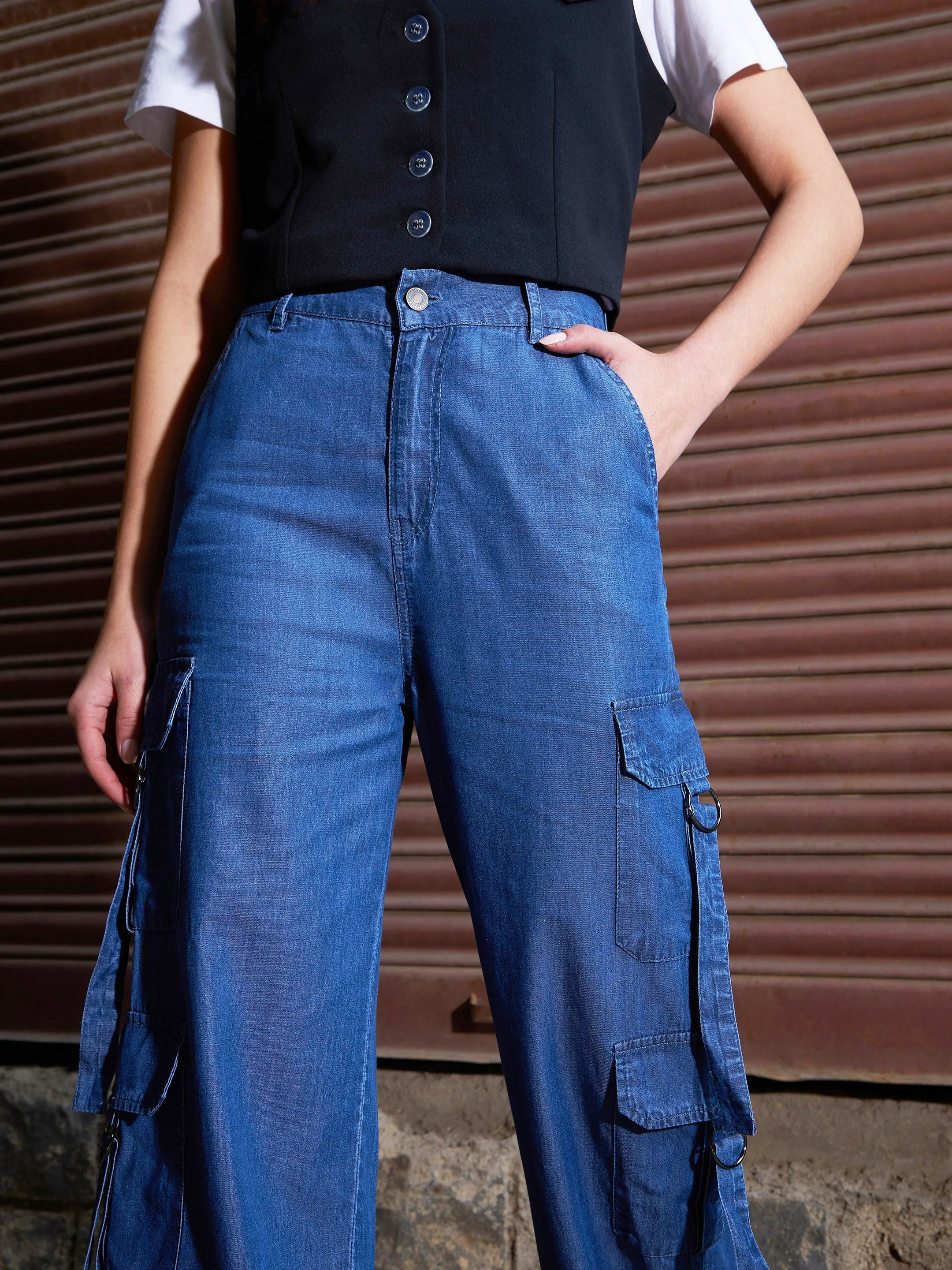 Women Blue Tencel Cargo Pants