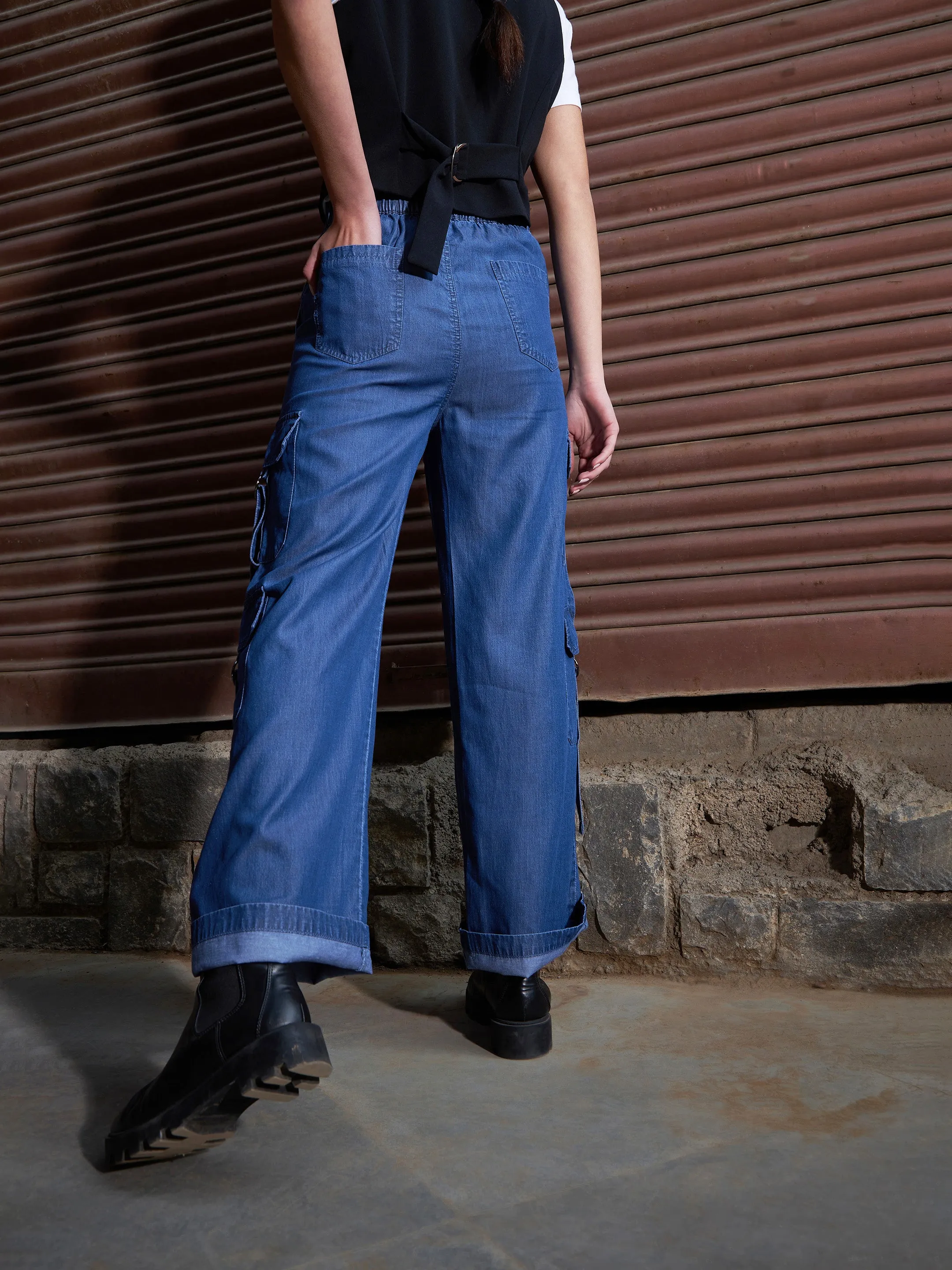 Women Blue Tencel Cargo Pants