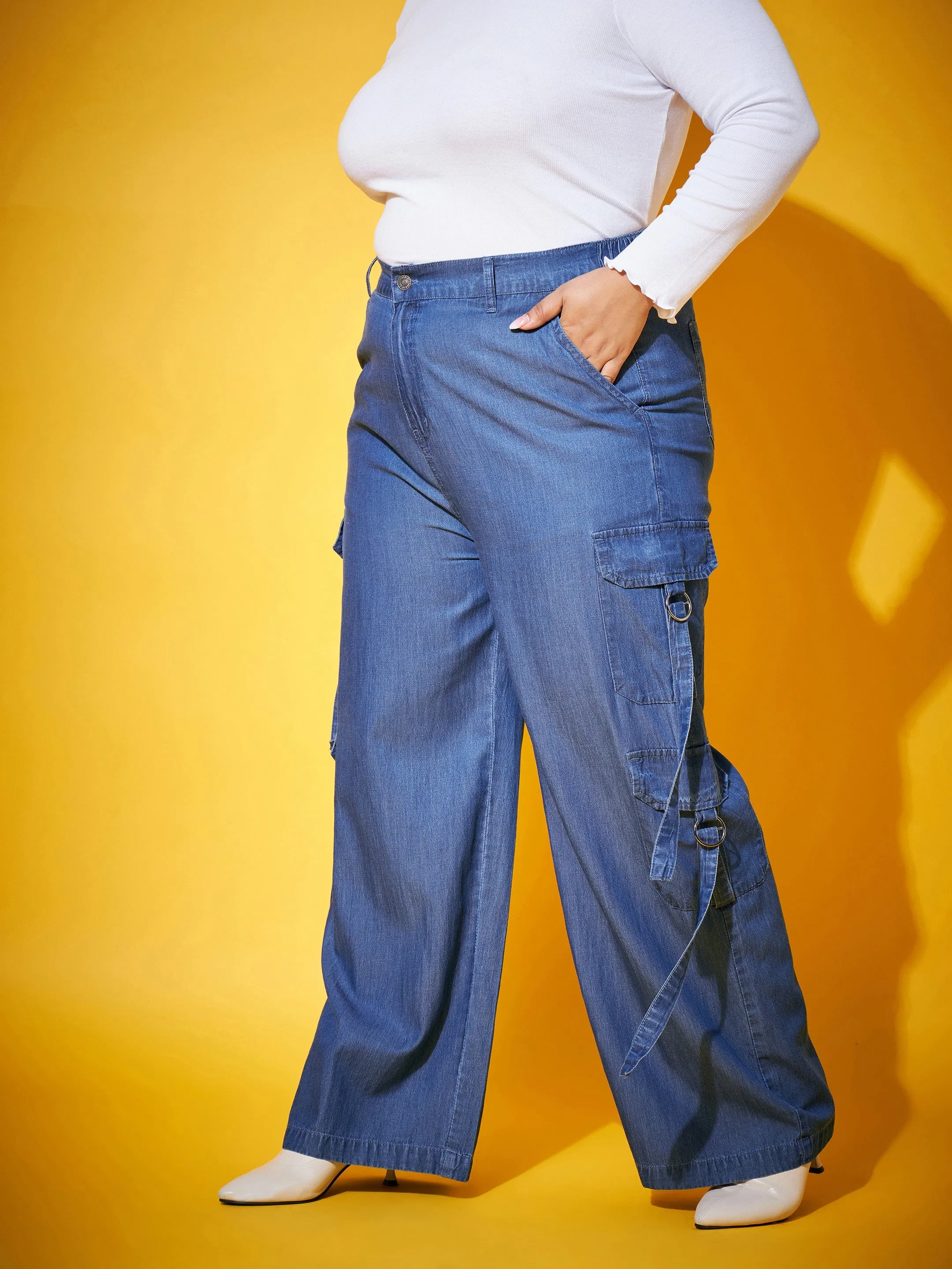 Women Blue Washed Tencel Pocket Cargo Pants