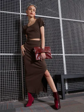 Women Brown Rib Round Neck Crop Top WithPencil Skirts