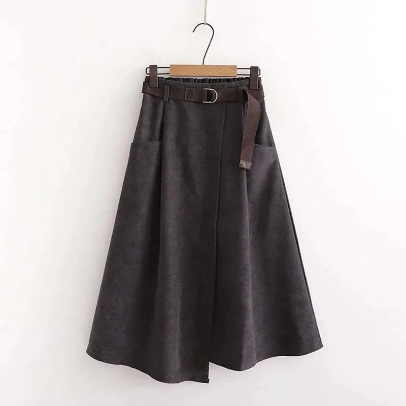 Women Casual Skirts Spring Autumn Solid High Waist Irregular Pockets Midi Skirts Fashion Simple Elegant Saia Faldas