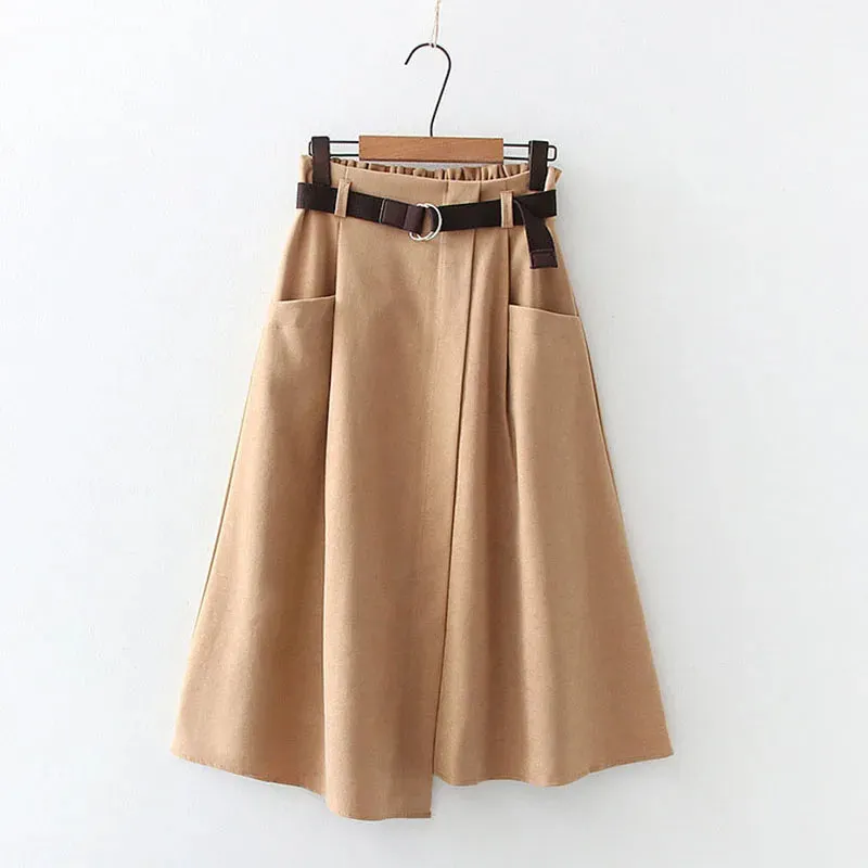 Women Casual Skirts Spring Autumn Solid High Waist Irregular Pockets Midi Skirts Fashion Simple Elegant Saia Faldas