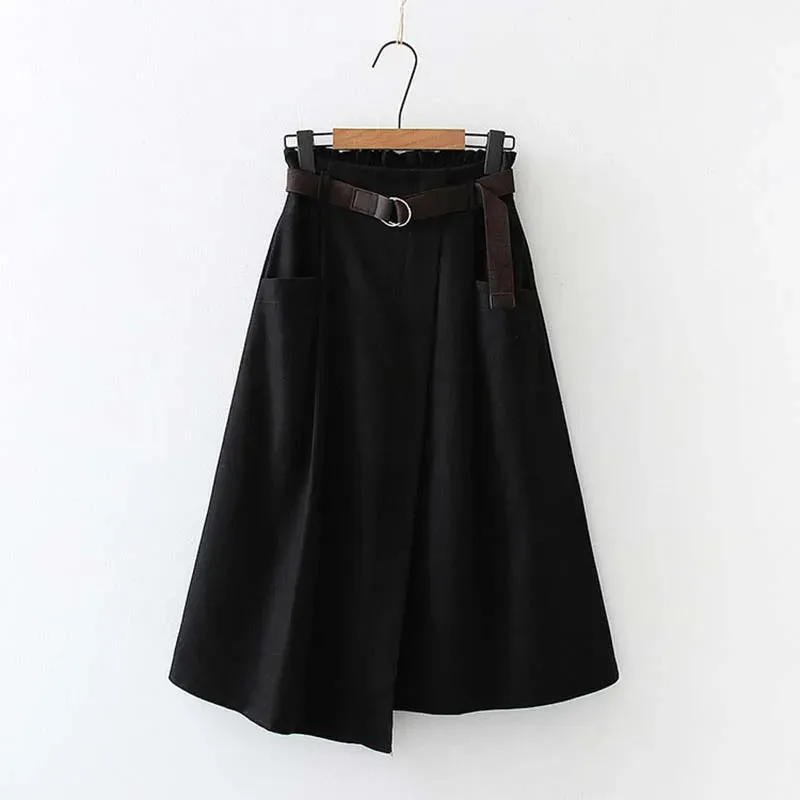 Women Casual Skirts Spring Autumn Solid High Waist Irregular Pockets Midi Skirts Fashion Simple Elegant Saia Faldas