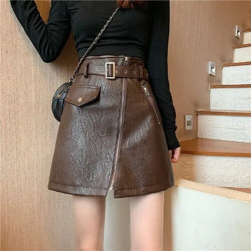 Women High Waist Mini Skirts Korean Style Streetwear All-match PU Leather Ladies Elegant A-line Short Skirt