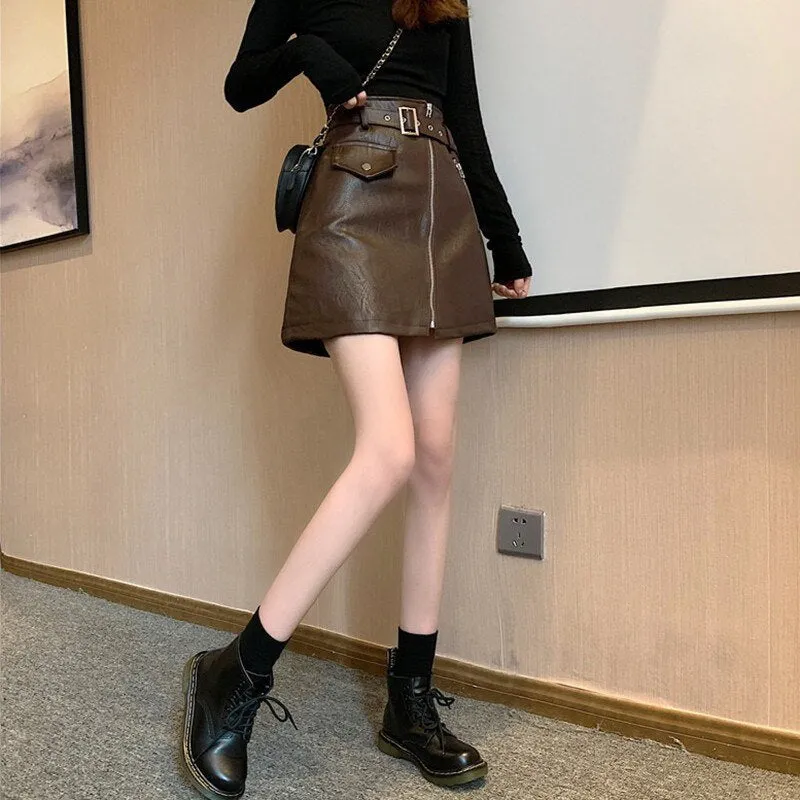 Women High Waist Mini Skirts Korean Style Streetwear All-match PU Leather Ladies Elegant A-line Short Skirt