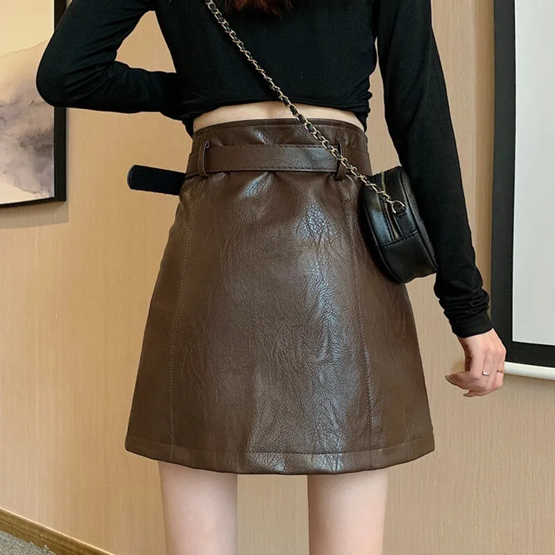 Women High Waist Mini Skirts Korean Style Streetwear All-match PU Leather Ladies Elegant A-line Short Skirt