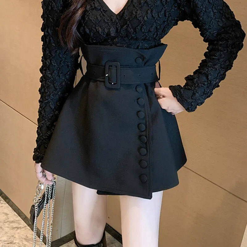 Women High Waist Mini Skirts Spring Korean Style Single-breasted All-match Ladies Elegant Short Skirt