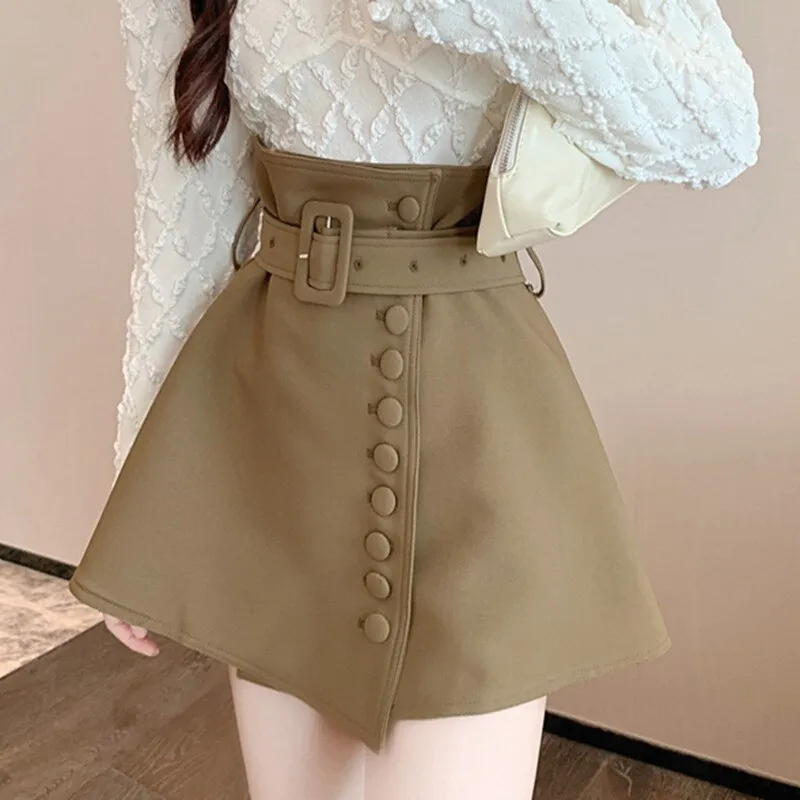 Women High Waist Mini Skirts Spring Korean Style Single-breasted All-match Ladies Elegant Short Skirt