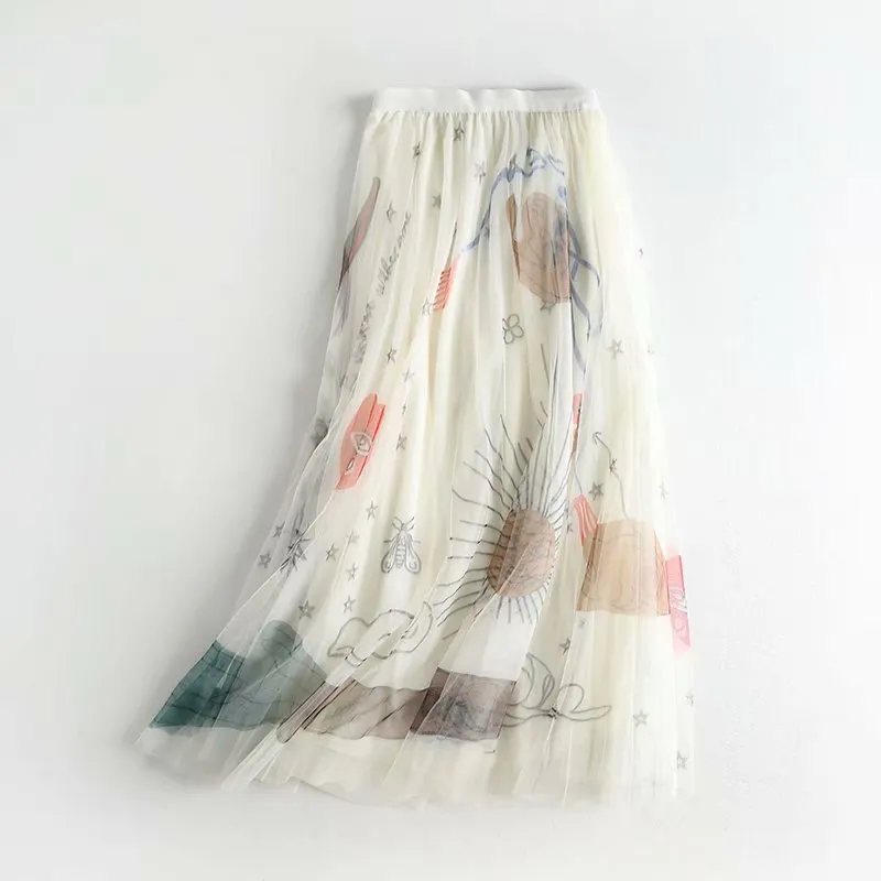 Women Mesh Tulle Elastic High Waist Graffiti Print Long A-line Pleated Maxi Skirts