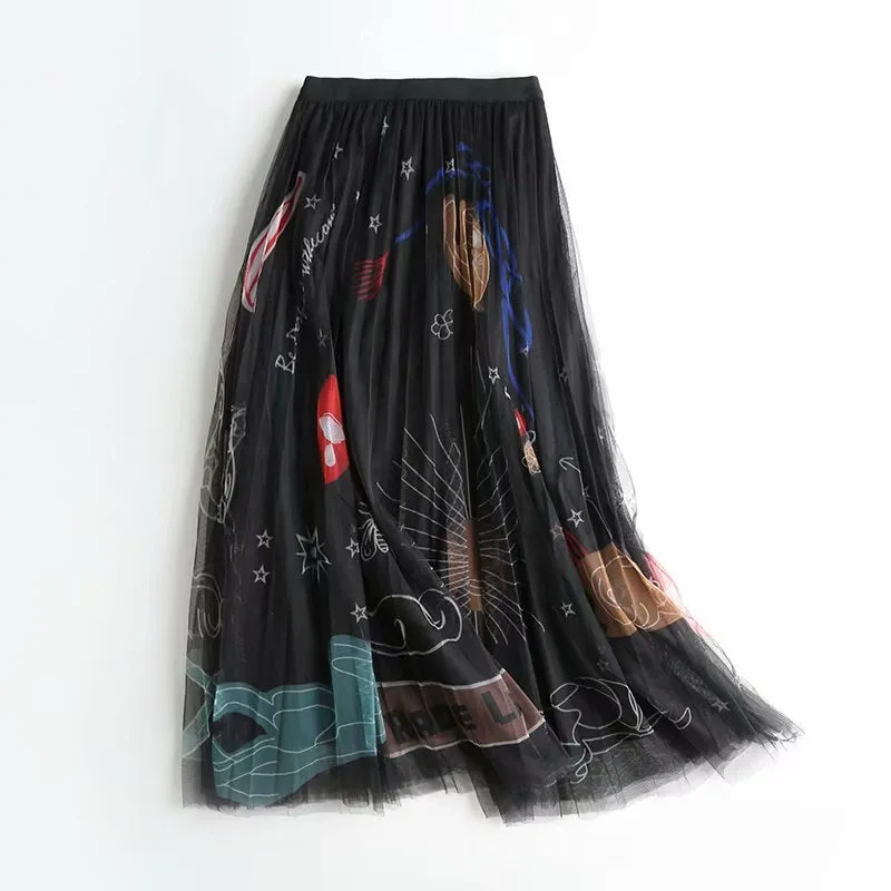 Women Mesh Tulle Elastic High Waist Graffiti Print Long A-line Pleated Maxi Skirts