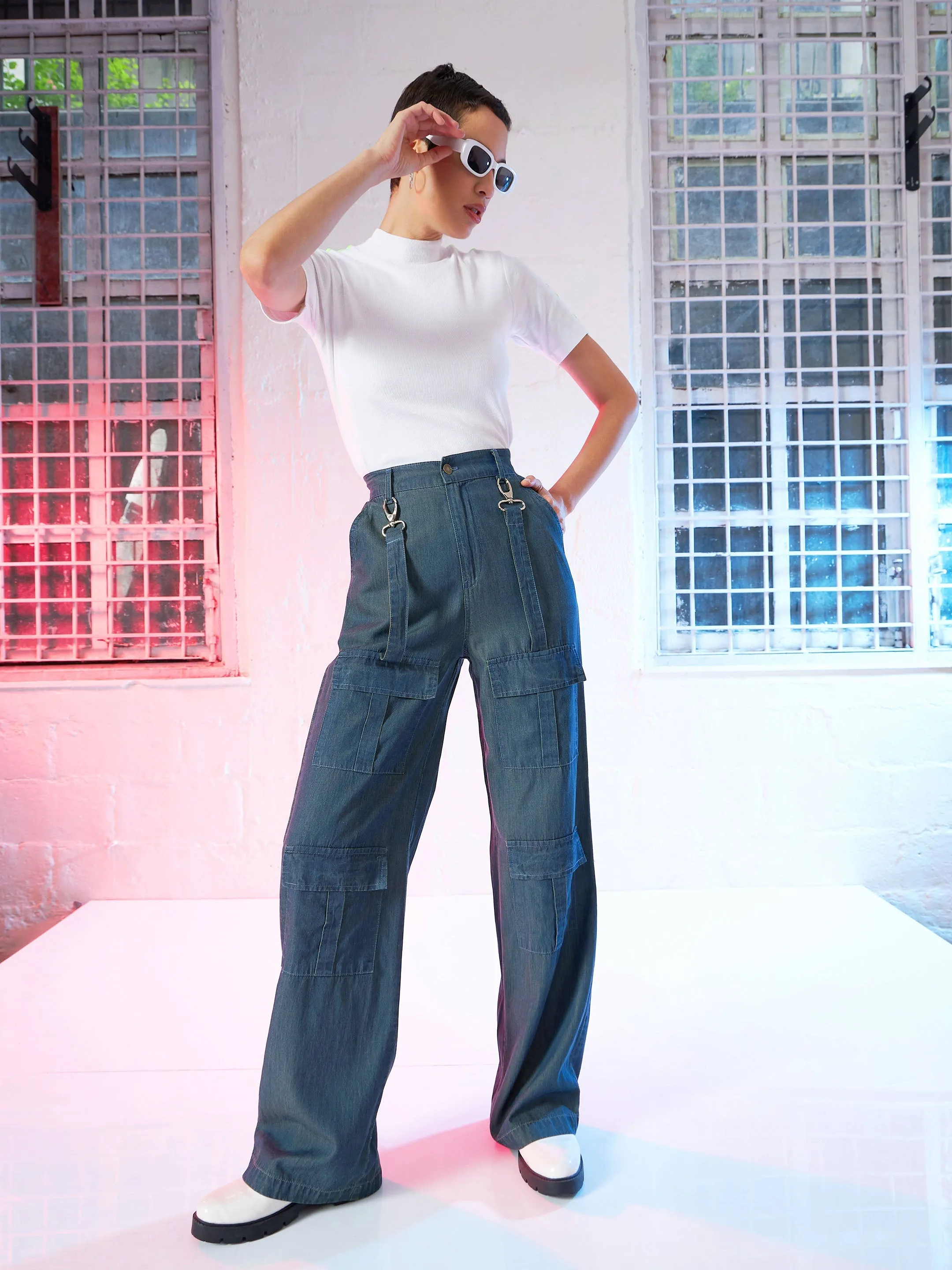 Women Navy Tencel Cargo Pants